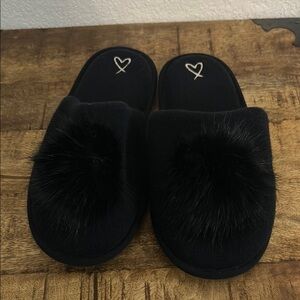 Victoria's Secret Black Plush Slippers with Heart Design